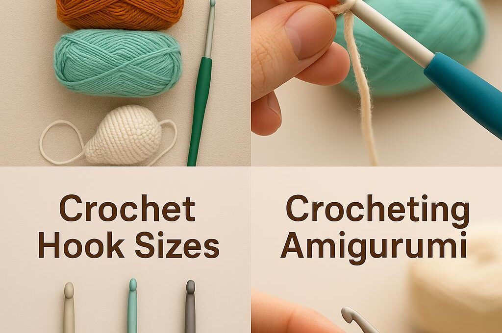 myLiva Handmade – Essential Supplies & Tips for Amigurumi** This image showcases the key materials and techniques needed for creating *handmade amigurumi. In the top left corner, various **crochet yarns* in different colors and a hook are displayed, providing inspiration for your next *DIY crochet project. The top right section captures an **amigurumi-making process, focusing on the careful stitching of details. In the bottom left, different **crochet hook sizes* (3.5mm, 4.0mm, 4.5mm) are arranged, ensuring the right tool for every project. The bottom right highlights a *work-in-progress crochet piece*, demonstrating the intricate craftsmanship behind **amigurumi toys
