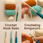myLiva Handmade – Essential Supplies & Tips for Amigurumi** This image showcases the key materials and techniques needed for creating *handmade amigurumi. In the top left corner, various **crochet yarns* in different colors and a hook are displayed, providing inspiration for your next *DIY crochet project. The top right section captures an **amigurumi-making process, focusing on the careful stitching of details. In the bottom left, different **crochet hook sizes* (3.5mm, 4.0mm, 4.5mm) are arranged, ensuring the right tool for every project. The bottom right highlights a *work-in-progress crochet piece*, demonstrating the intricate craftsmanship behind **amigurumi toys