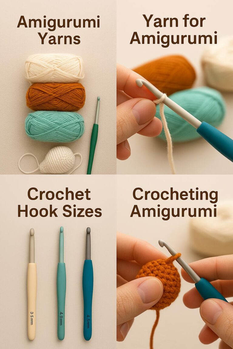 myLiva Handmade – Essential Supplies & Tips for Amigurumi** This image showcases the key materials and techniques needed for creating *handmade amigurumi. In the top left corner, various **crochet yarns* in different colors and a hook are displayed, providing inspiration for your next *DIY crochet project. The top right section captures an **amigurumi-making process, focusing on the careful stitching of details. In the bottom left, different **crochet hook sizes* (3.5mm, 4.0mm, 4.5mm) are arranged, ensuring the right tool for every project. The bottom right highlights a *work-in-progress crochet piece*, demonstrating the intricate craftsmanship behind **amigurumi toys