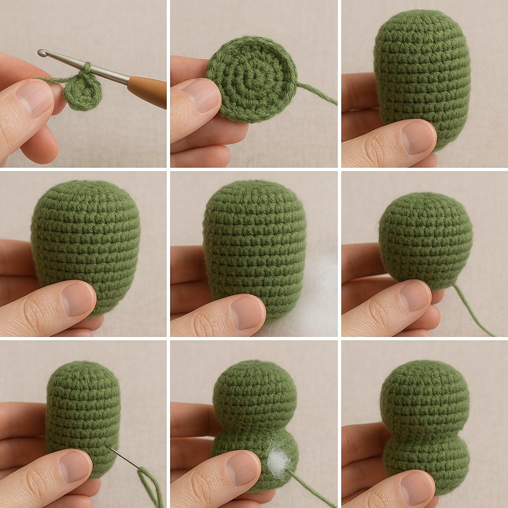 Crocheting the green body of an amigurumi cactus – step-by-step close-up with yarn and hook