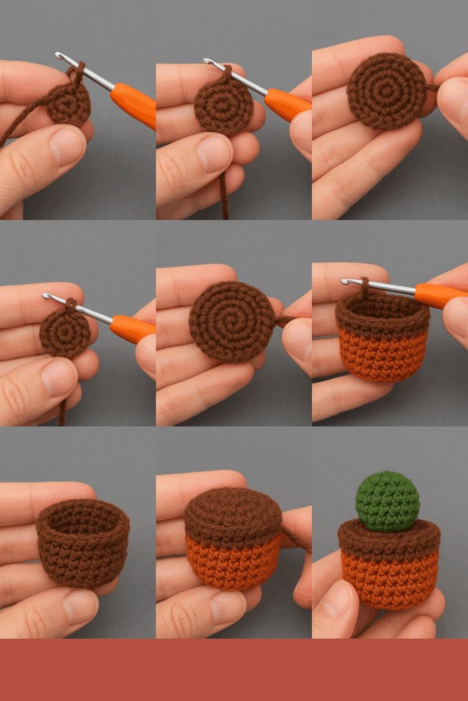 Crocheting the pot and soil base of an amigurumi cactus – dark brown yarn with visible rounds