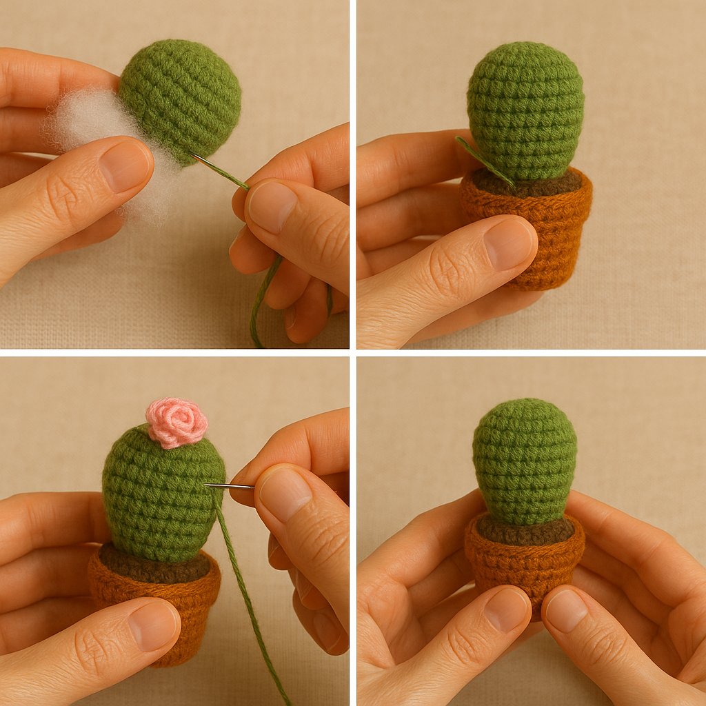 Assembling amigurumi cactus – sewing the green cactus body into the pot and attaching the pink flower on top