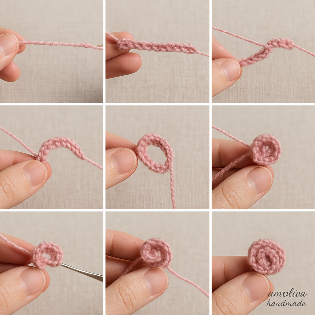 Crocheting a small pink flower for an amigurumi cactus – close-up of yarn and hook