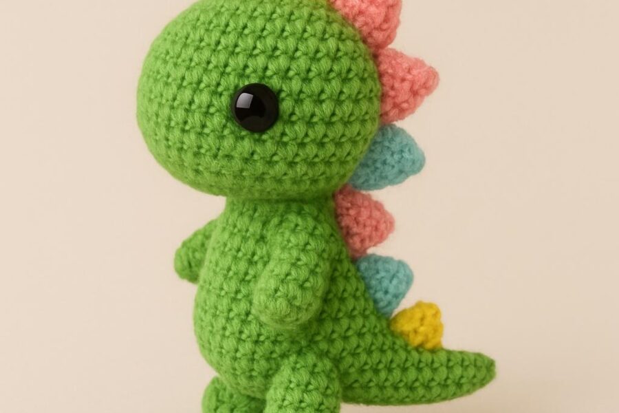 Handmade amigurumi mini dinosaur crocheted with green yarn, perfect for beginners.