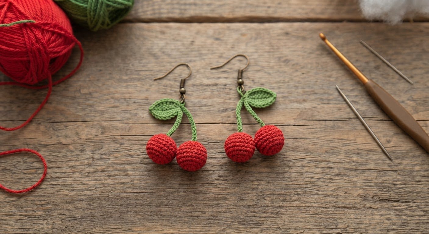 Hands holding two handmade crochet cherry earrings, featuring small red cherry spheres and green leaf details. Balls of yarn and a crochet hook are in the blurred background on a wooden table.