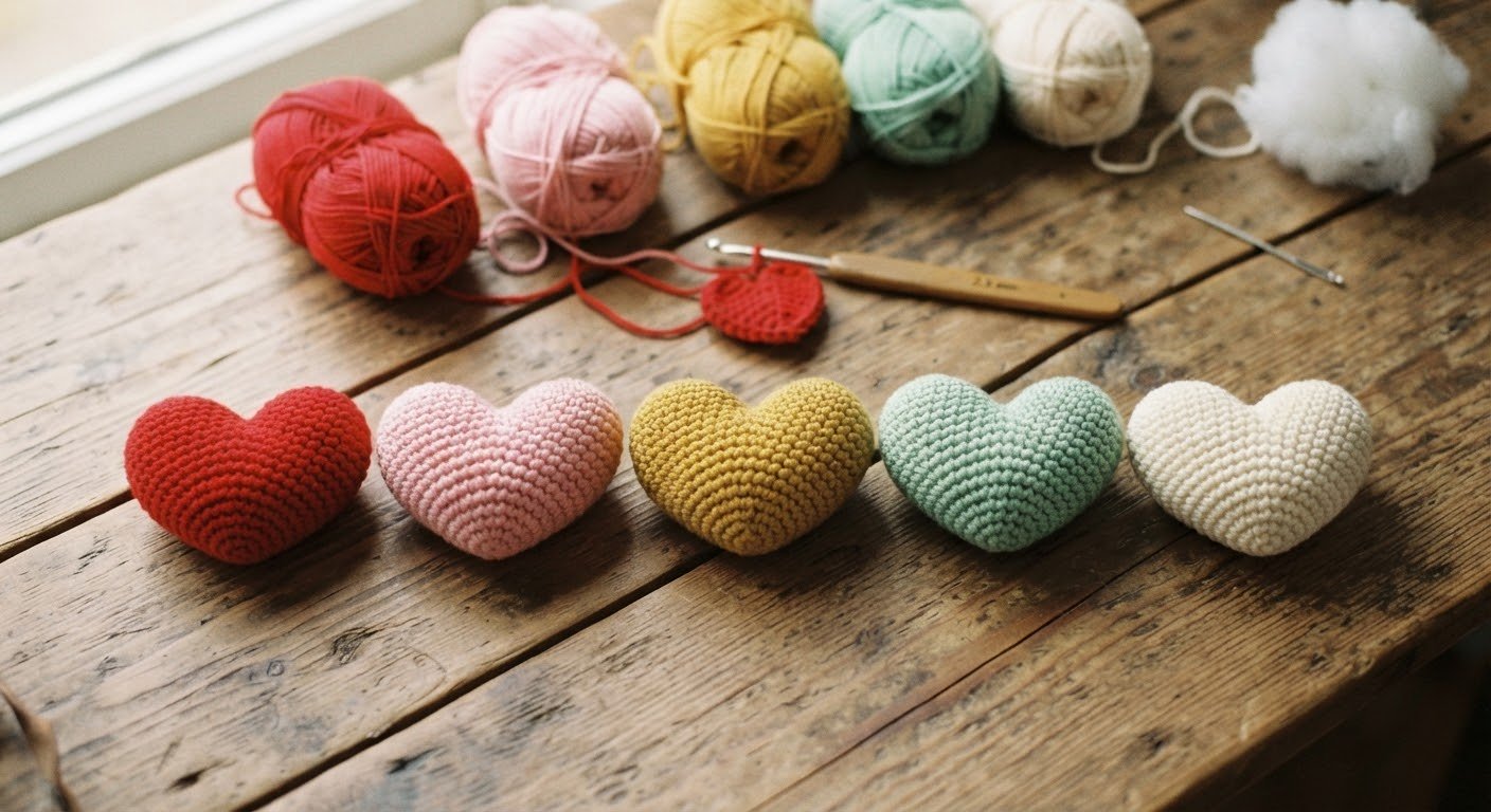 A candid, overhead photograph capturing a curated selection of handmade crochet amigurumi hearts in red, pink, yellow, mint, and cream, arranged neatly on a rustic, worn wooden plank table. Behind the hearts are matching balls of cotton yarn and a wooden-handled crochet hook, styled as a natural crafter's workspace.