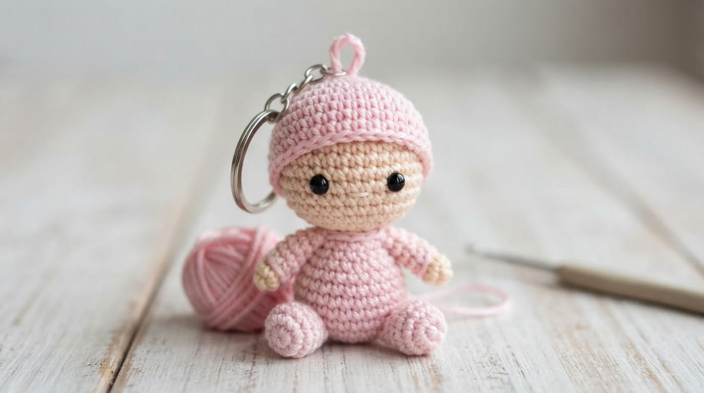 Mini amigurumi baby keychain crocheted in soft pastel colors with a simple outfit and small keyring.