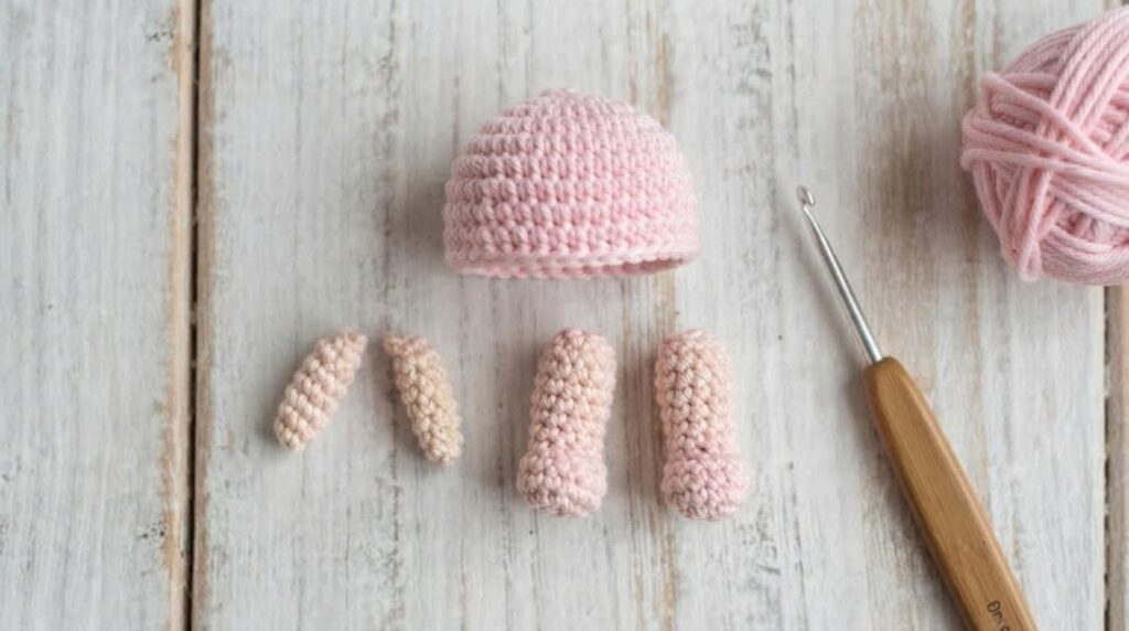 Crocheted amigurumi baby keychain showing the arms, legs, and optional hat