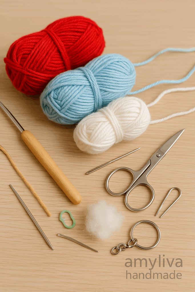 Crochet materials for mini amigurumi car keychain – yarn, hook, stuffing, safety eyes and key ring