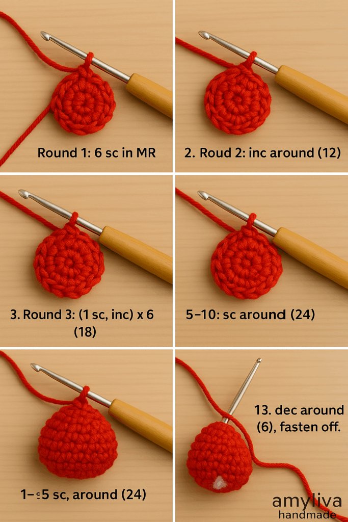 Step-by-step crochet tutorial showing how to make the red body of a mini amigurumi car – main base for a handmade keychain project.