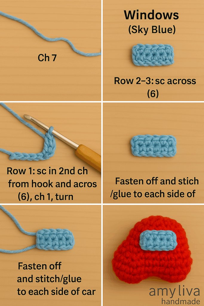 Tutorial image showing how to crochet and sew sky blue rectangular windows onto a mini amigurumi car – step-by-step guide for handmade keychain detailing.