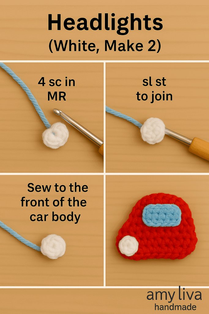 Close-up tutorial on how to crochet and attach small white headlights to a mini amigurumi car – simple and cute detail for handmade keychains
