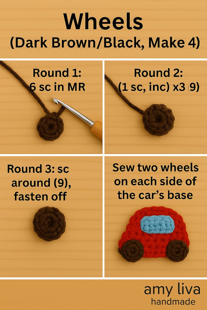 Step-by-step crochet tutorial showing how to make and shape small black wheels for a mini amigurumi car keychain – perfect for handmade toy detailing