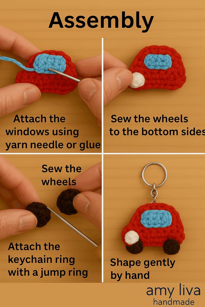 Step-by-step tutorial collage showing how to attach wheels, headlights, and windows to a crochet mini car keychain – amigurumi assembly process.