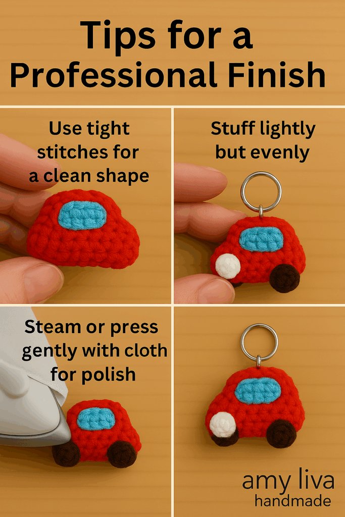 Handmade crochet mini car keychain in red with blue windows, white headlights, and black wheels – finished amigurumi project shown from different angles
