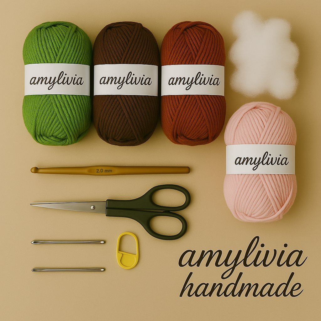 Materials for amigurumi cactus – green and brown yarn, crochet hook, fiberfill, yarn needle, pink yarn for flower