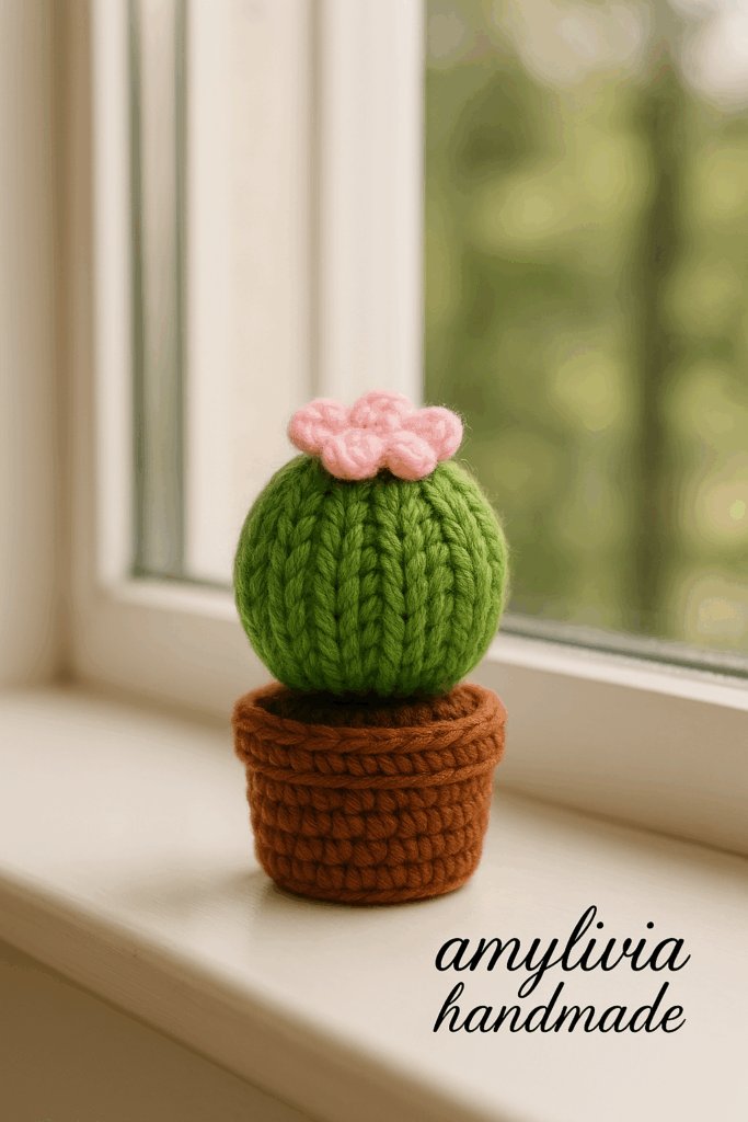 Finished amigurumi cactus with pink flower – perfect handmade decoration or keychain gift idea