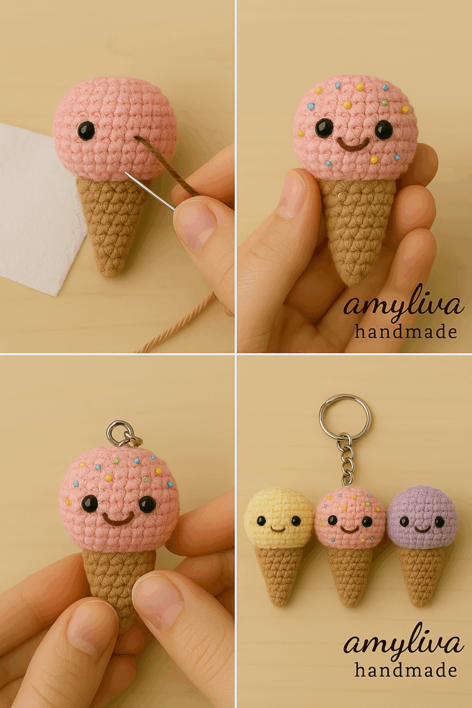 Step-by-step crochet tutorial for assembling an amigurumi keychain, featuring precise sewing instructions for facial details and keyring attachment. Perfect for handmade crafts, DIY crochet projects, and beginner-friendly amigurumi guides.