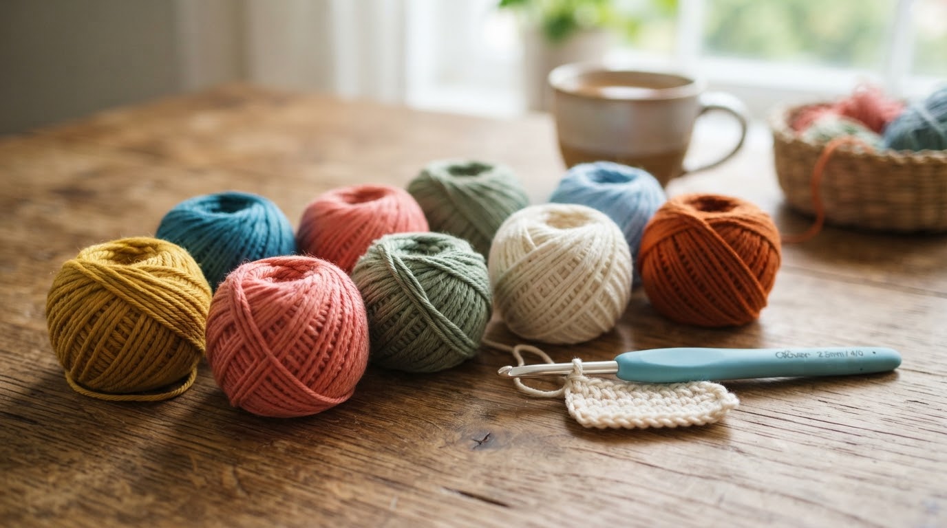 colorful yarn balls and crochet hook for amigurumi supplies