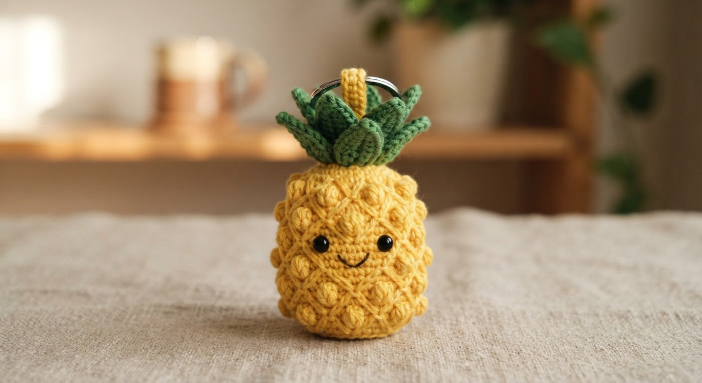 A close-up, vibrant photo of a completed pineapple amigurumi keychain, crocheted in yellow and green cotton with safety eyes and a smile, resting on linen.
