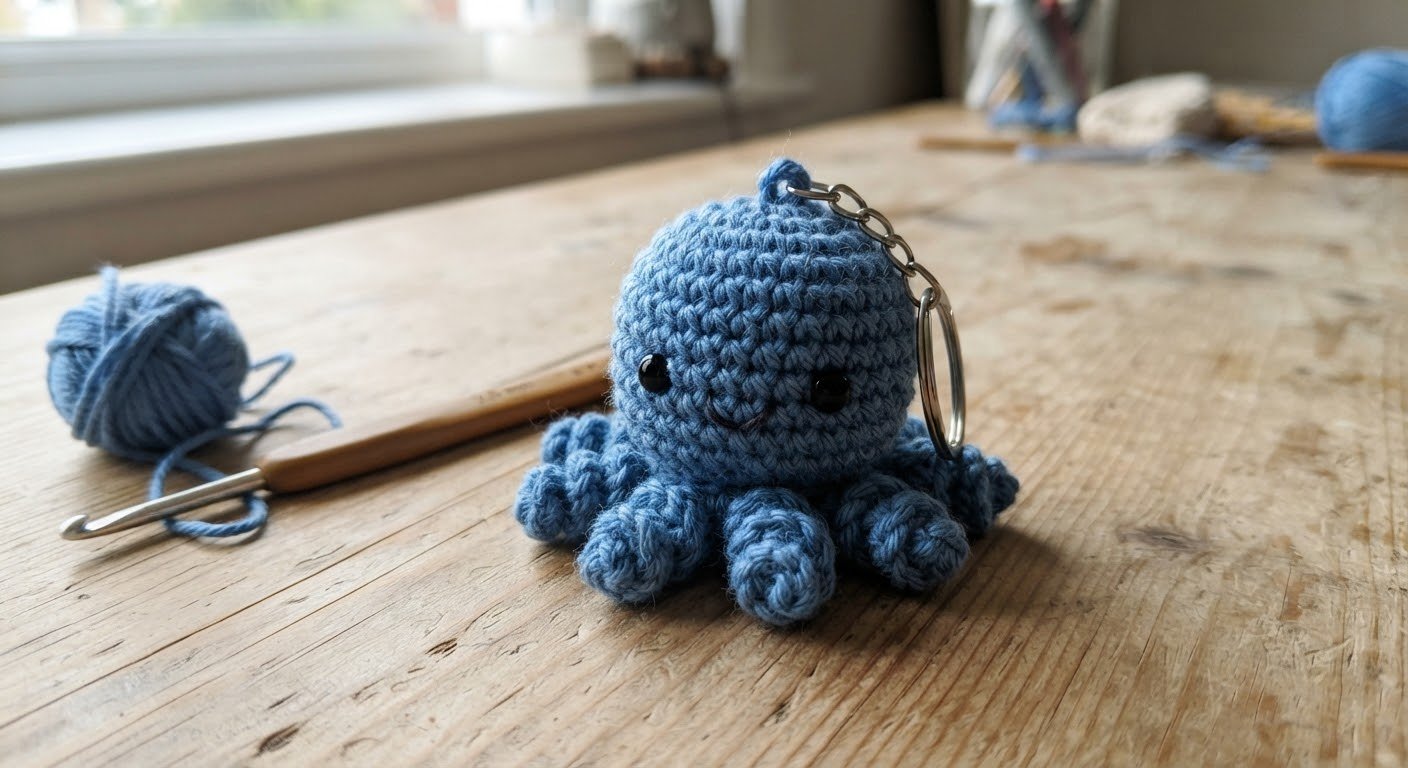 Materials and tools for a mini blue crochet octopus keychain