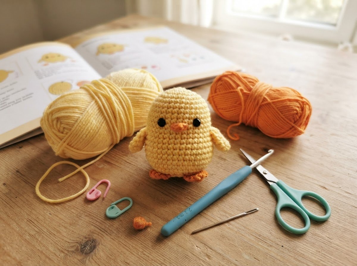 A thoughtfully composed cover image for the amigurumi chick project, featuring the finished chick (from image_9.png) centered on a light wooden surface. Around it are arranged the key materials and tools from image_1.png: the yellow and orange yarn balls, the blue crochet hook, the scissors, the needle, safety eyes, and stitch markers. The open pattern booklet is visible in the background, tying the entire tutorial together. The lighting is soft and inviting.