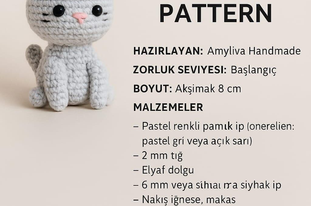 Free mini cat amigurumi pattern! 🐱 Perfect for beginners entering the world of handmade amigurumi. This adorable little kitty is approximately 8 cm tall and can be easily crocheted using pastel-colored cotton yarn and a 2 mm hook. Its head and body are seamlessly crafted in one piece, ensuring a flawless shape! With its soft stuffing, carefully stitched details, and tiny, charming eyes, this cute feline brings warmth wherever it goes. 100% handmade with love! 🧶