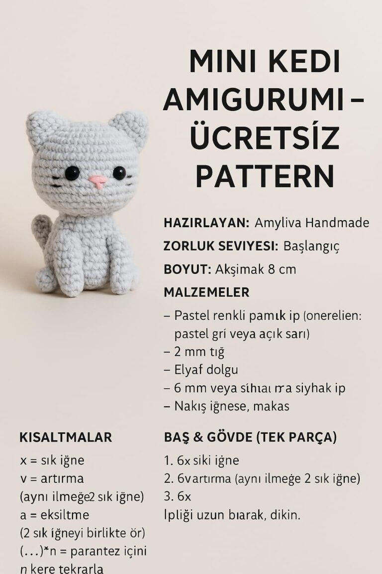 Free mini cat amigurumi pattern! 🐱 Perfect for beginners entering the world of handmade amigurumi. This adorable little kitty is approximately 8 cm tall and can be easily crocheted using pastel-colored cotton yarn and a 2 mm hook. Its head and body are seamlessly crafted in one piece, ensuring a flawless shape! With its soft stuffing, carefully stitched details, and tiny, charming eyes, this cute feline brings warmth wherever it goes. 100% handmade with love! 🧶