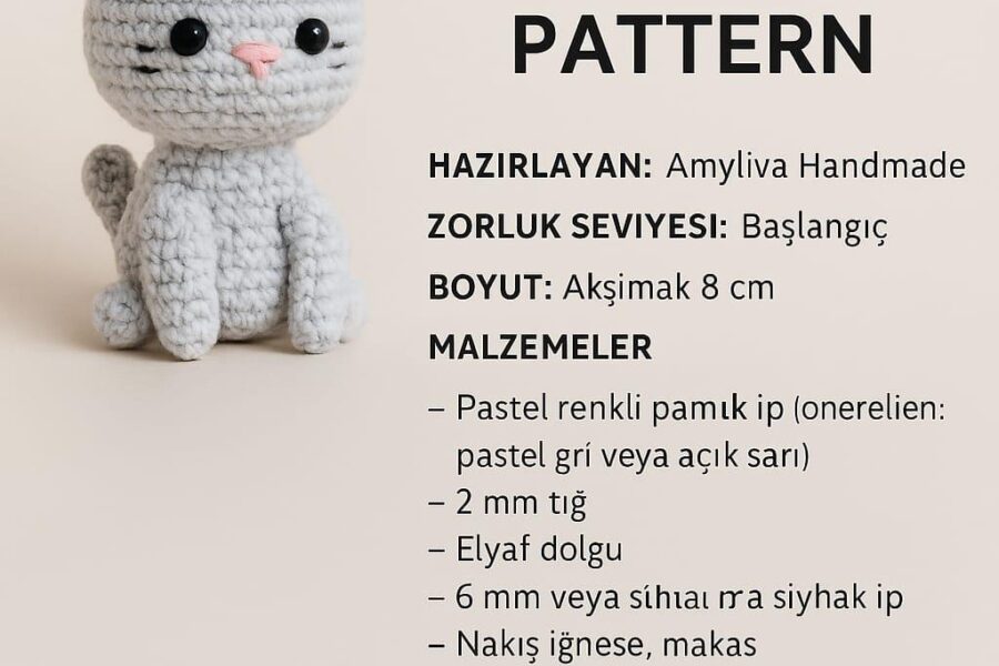 Free mini cat amigurumi pattern! 🐱 Perfect for beginners entering the world of handmade amigurumi. This adorable little kitty is approximately 8 cm tall and can be easily crocheted using pastel-colored cotton yarn and a 2 mm hook. Its head and body are seamlessly crafted in one piece, ensuring a flawless shape! With its soft stuffing, carefully stitched details, and tiny, charming eyes, this cute feline brings warmth wherever it goes. 100% handmade with love! 🧶
