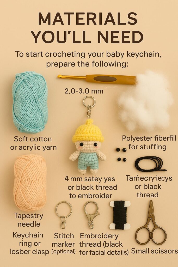 Materials needed to crochet a mini amigurumi baby keychain – yarn, hook, stuffing, safety eyes, needle, and keyring