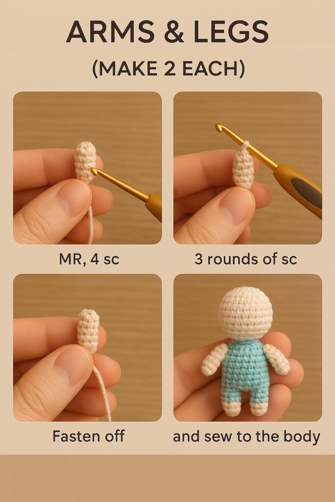 Crocheting the arms and legs for a mini amigurumi baby keychain – small tubular parts made with skin-tone yarn
