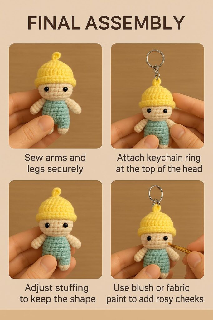 Assembling the mini amigurumi baby keychain – attaching arms, legs, and optional hat to the crocheted body