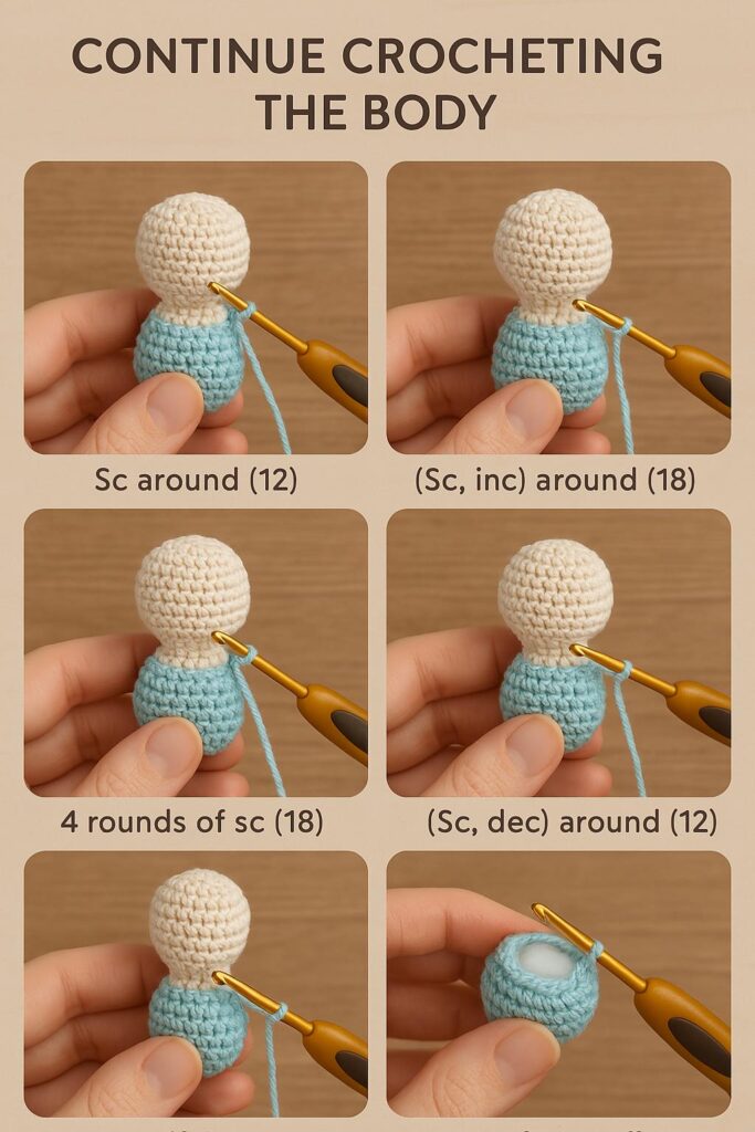 Step-by-step crochet process of making the body for a mini amigurumi baby keychain using pastel yarn