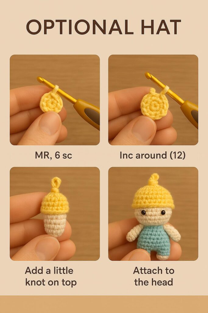 Optional crochet hat for mini amigurumi baby keychain – small round cap made with contrasting yarn