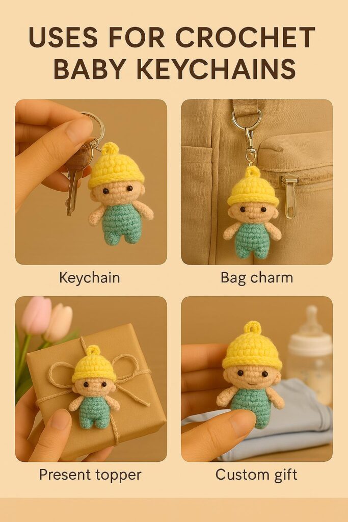 Creative uses for mini crochet baby keychains – bag charms, baby shower favors, nursery decorations, and gifts