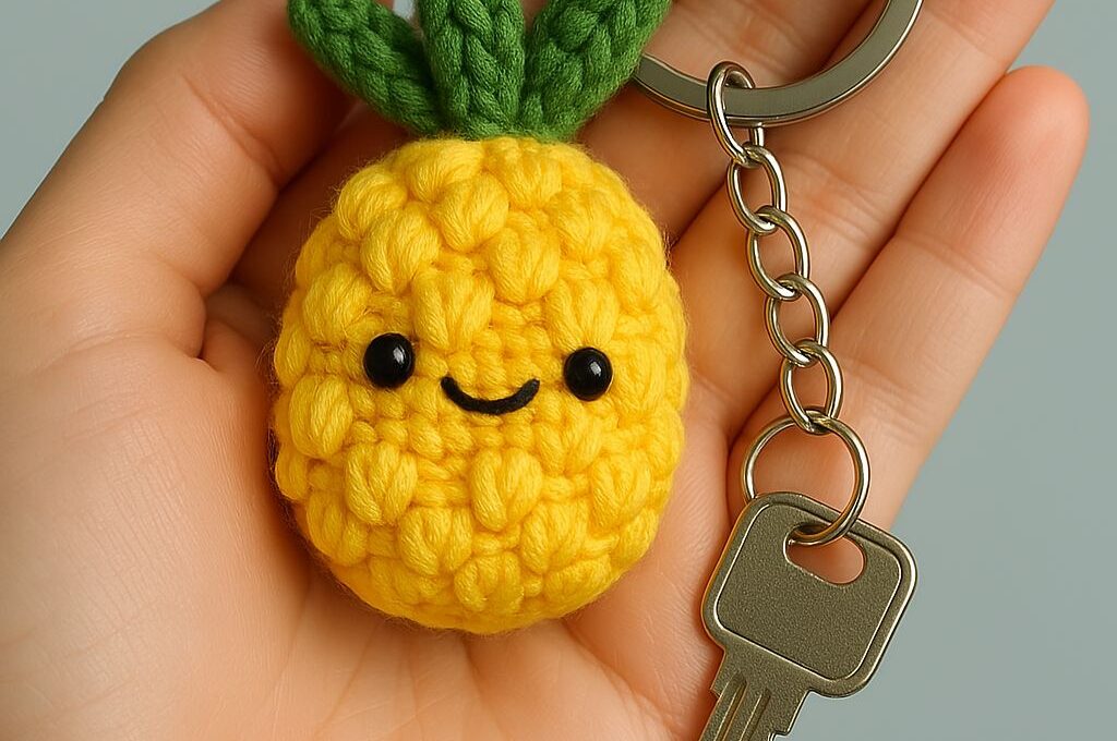 Handmade Pineapple Keychain – A Tropical and Adorable Touch* This handmade pineapple keychain brings a vibrant tropical vibe with its bright yellow and green tones. Featuring tiny black eyes and a sweet smile, this design stands out with its charming look. Carefully crocheted details highlight fine craftsmanship, while the metal ring makes it easy to use. *Features:* - *Material:* Cotton crochet yarn - *Details:* Secure eyes, finely crafted leaf accents - *Usage:* Perfect for attaching to bags, keys, or gifting - *Brand:* Labeled "AMYLIVA HANDMADE" as an original design If you love handmade creations, this cute pineapple would be a great addition to your collection! 🍍✨