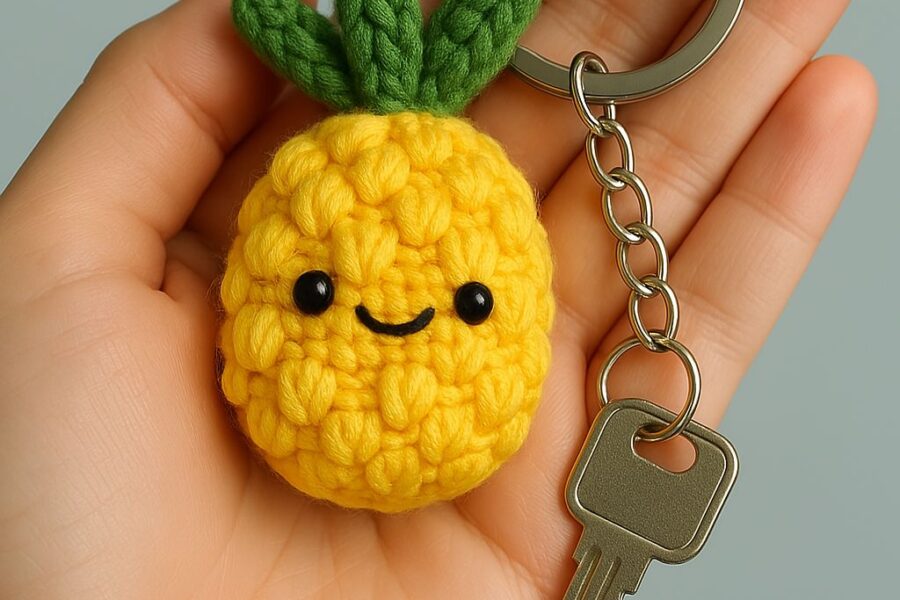 Handmade Pineapple Keychain – A Tropical and Adorable Touch* This handmade pineapple keychain brings a vibrant tropical vibe with its bright yellow and green tones. Featuring tiny black eyes and a sweet smile, this design stands out with its charming look. Carefully crocheted details highlight fine craftsmanship, while the metal ring makes it easy to use. *Features:* - *Material:* Cotton crochet yarn - *Details:* Secure eyes, finely crafted leaf accents - *Usage:* Perfect for attaching to bags, keys, or gifting - *Brand:* Labeled "AMYLIVA HANDMADE" as an original design If you love handmade creations, this cute pineapple would be a great addition to your collection! 🍍✨