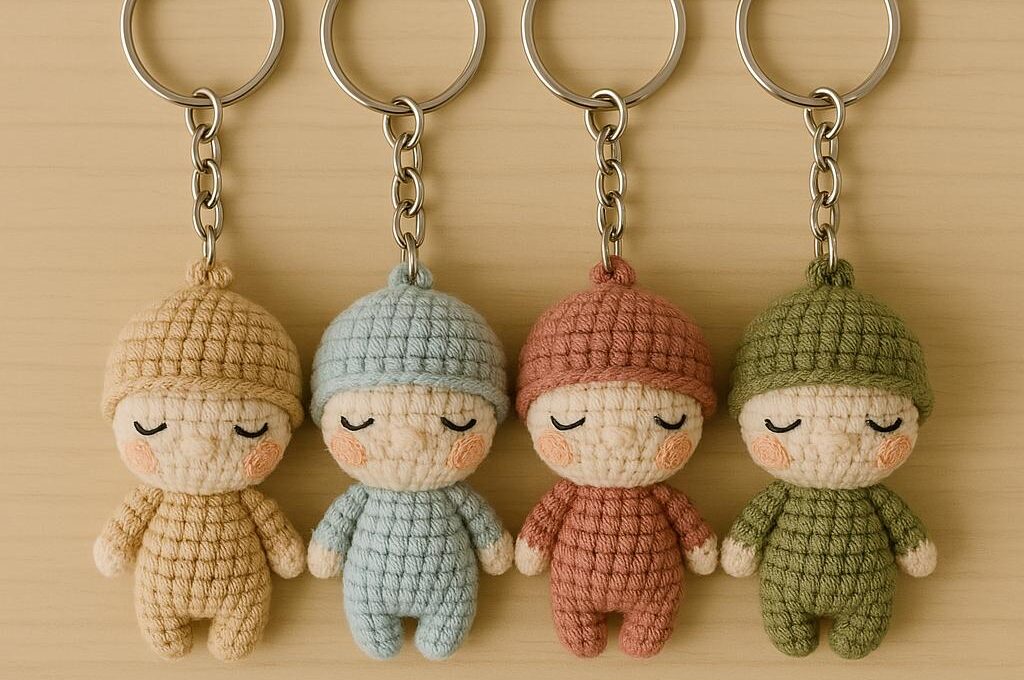 Handmade crochet baby keychains – adorable miniature dolls with sleeping face details, crafted in soft pastel colors. Each baby features a unique outfit and is attached to a metal keyring. Perfect for craft lovers and personalized gifts!