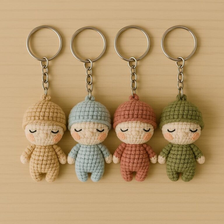 Handmade crochet baby keychains – adorable miniature dolls with sleeping face details, crafted in soft pastel colors. Each baby features a unique outfit and is attached to a metal keyring. Perfect for craft lovers and personalized gifts!
