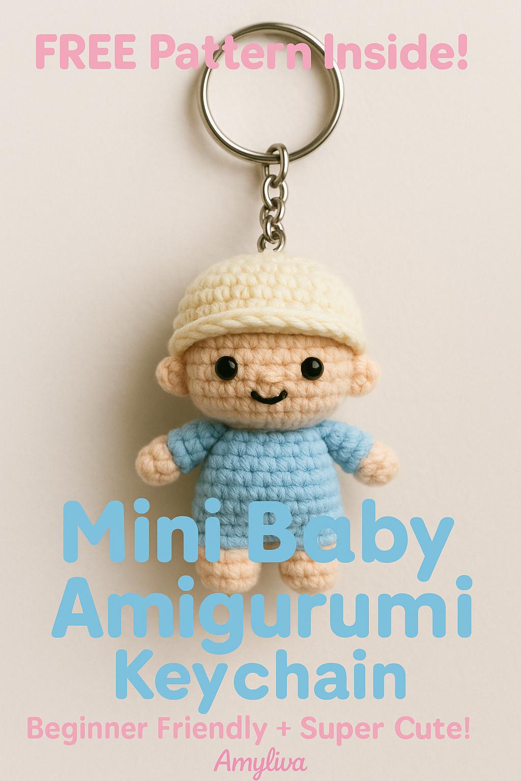 Pinterest-friendly image of mini amigurumi baby keychain – perfect for baby shower gift idea