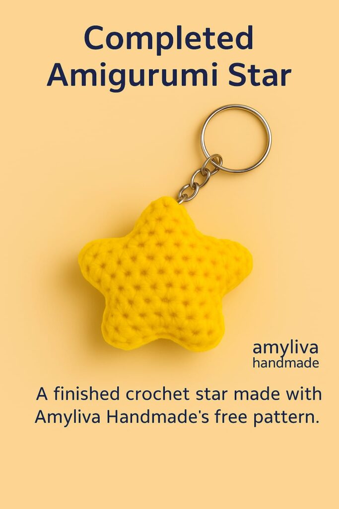 A beautifully finished amigurumi star, ready for use as a decorative piece, keychain, or gift