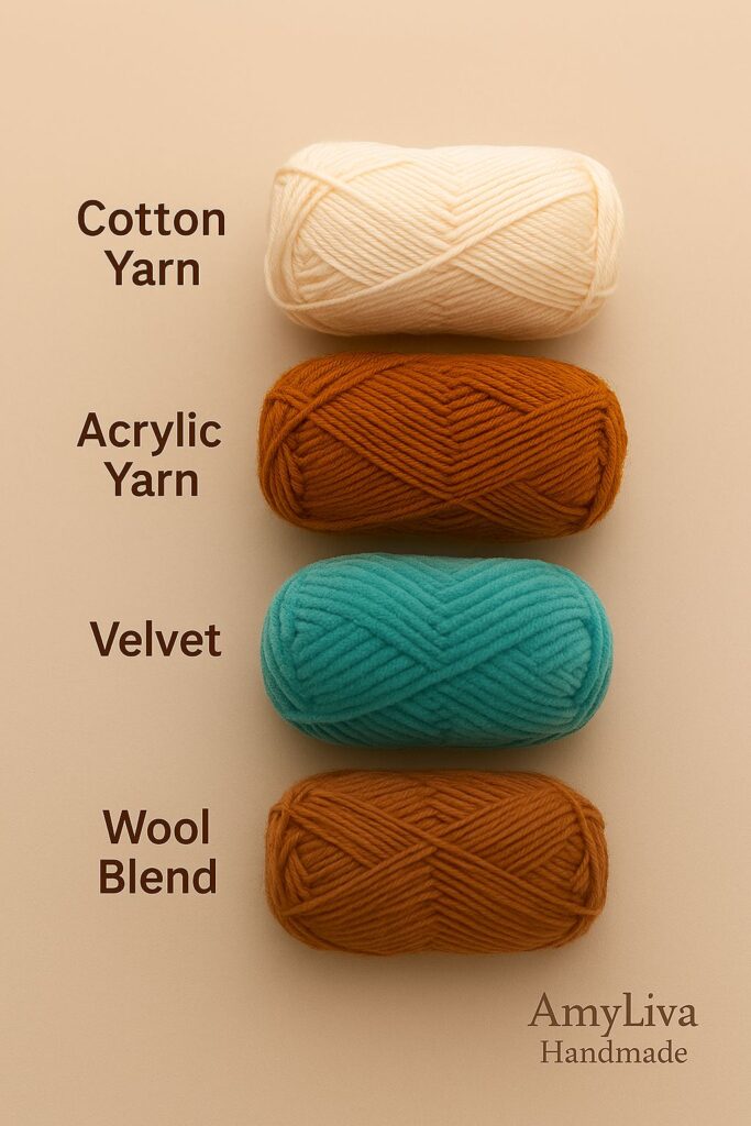 High-quality yarn selection for crafting: cotton yarn for durability, acrylic yarn for versatility, velvet yarn for ultra-soft texture, and wool blend for warmth. Perfect for amigurumi, crochet, and knitting projects! Find the ideal fiber for your handmade creations. #YarnSelection #CrochetYarn #KnittingSupplies #HandmadeCrafts