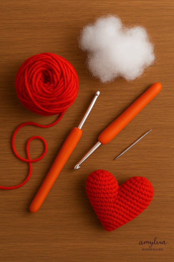 Materials used to crochet a simple heart amigurumi
