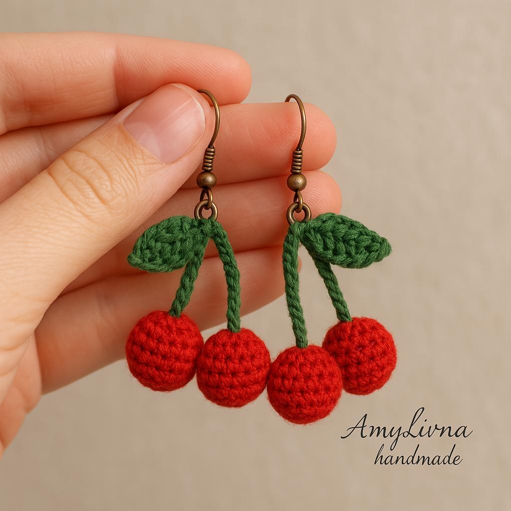 Handmade Crochet Cherry Earrings – Unique and StylishAdd a touch of elegance with these *handmade crochet cherry earrings! Featuring **realistic crochet cherries, delicate green stems, and bronze hooks, this design is perfect for lovers of **artisan jewelry, eco-friendly accessories, and unique handmade gifts*. Crafted with precision, these earrings complement both casual and chic styles.