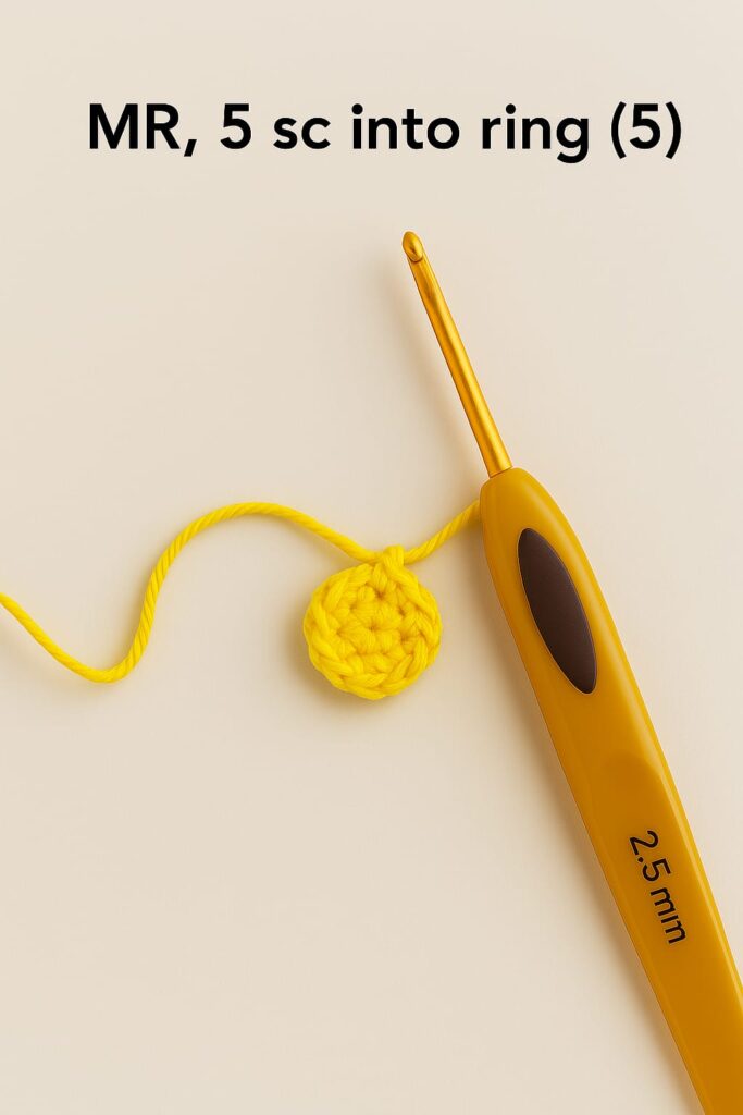 Magic ring with 5 single crochets inside for crochet star