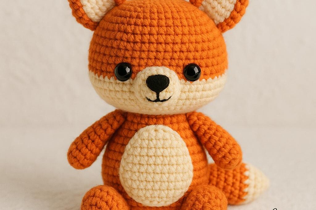 Handmade amigurumi fox doll in vibrant orange and cream colors, crocheted with fine yarn, sitting upright with a cute expression – perfect for woodland nursery decor or crochet pattern inspiration by AmyLiva Handmade.