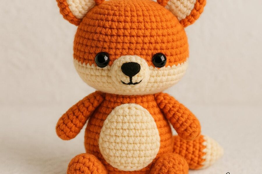 Handmade amigurumi fox doll in vibrant orange and cream colors, crocheted with fine yarn, sitting upright with a cute expression – perfect for woodland nursery decor or crochet pattern inspiration by AmyLiva Handmade.