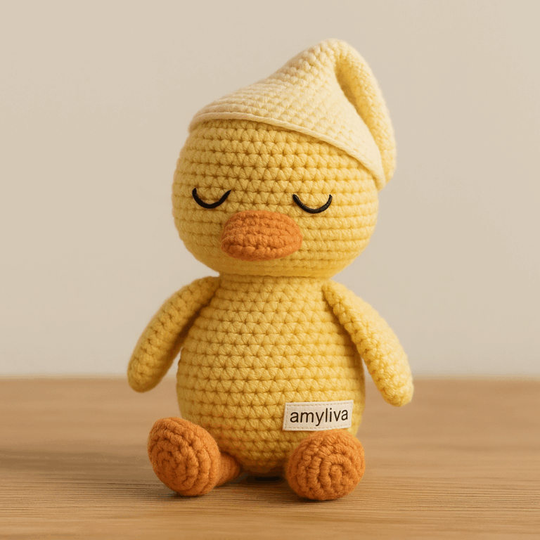 "Handmade amigurumi duck by AMYLIVA, featuring soft yellow cotton yarn, an orange beak and feet, sleepy embroidered eyes, and a cream nightcap, sitting on a light wooden surface."