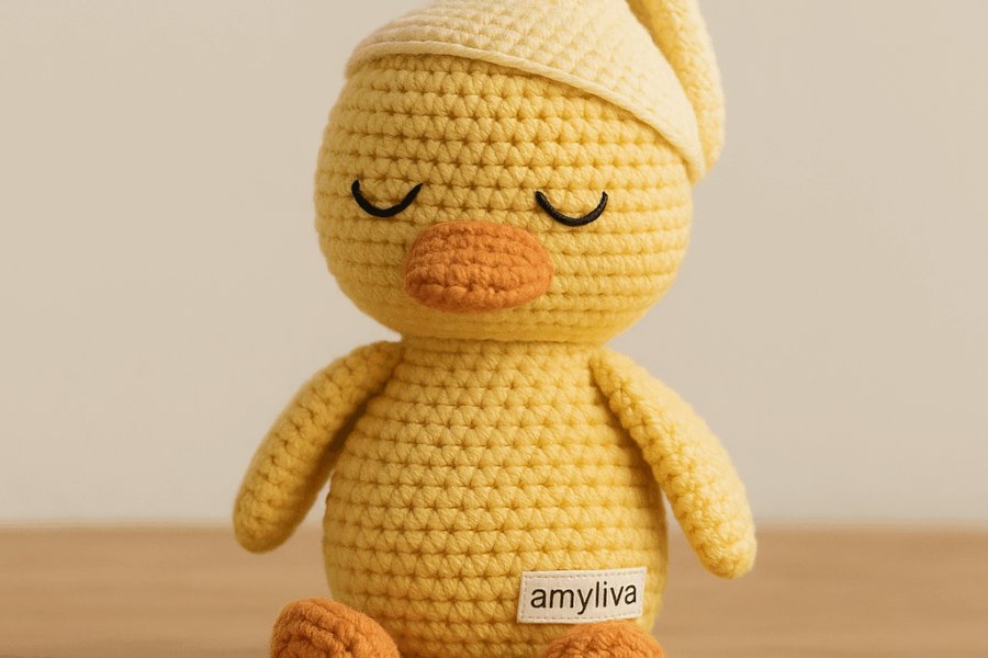 "Handmade amigurumi duck by AMYLIVA, featuring soft yellow cotton yarn, an orange beak and feet, sleepy embroidered eyes, and a cream nightcap, sitting on a light wooden surface."