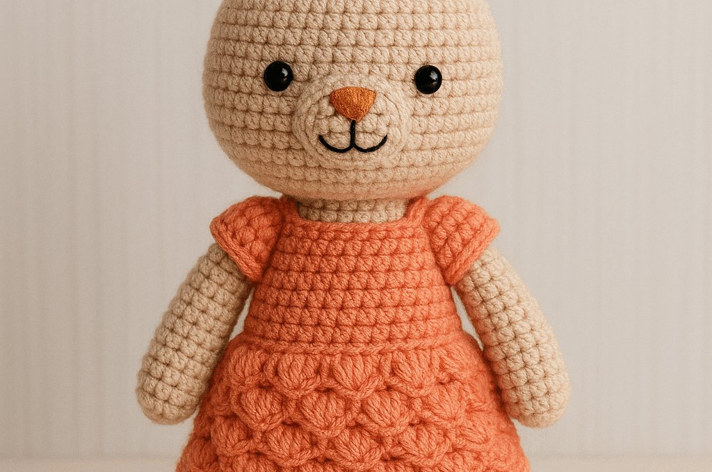 "Cute organic amigurumi rabbit toy from AMYLIVA, wearing a peach-colored dress, perfect handmade gift for babies and kids."